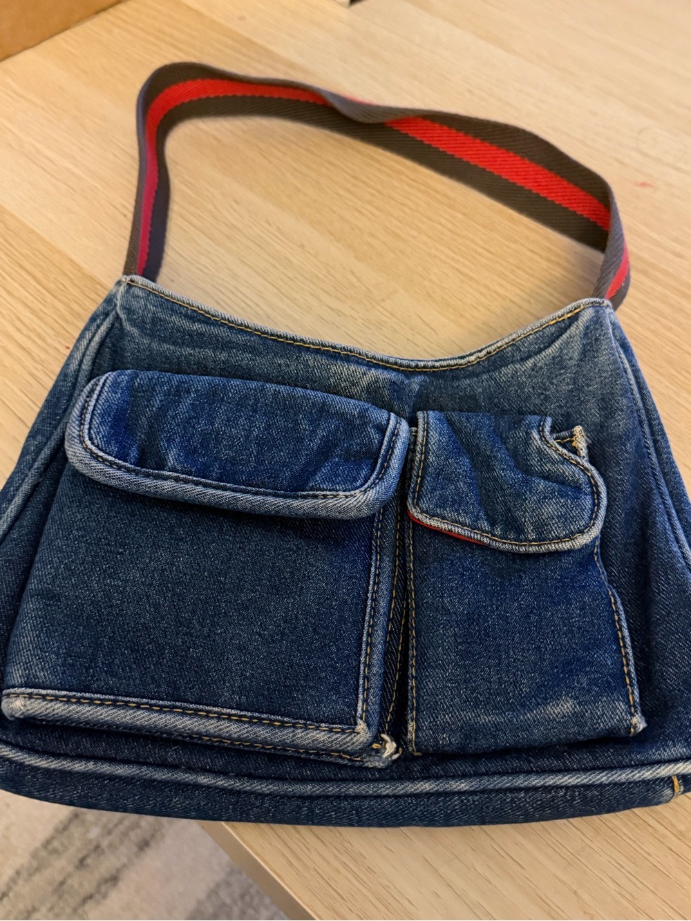 Y2K Denim Shoulder Bag with Red-Trim Webbing Strap